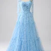 Light Blue A-Line Spaghetti Straps Long Prom Dress