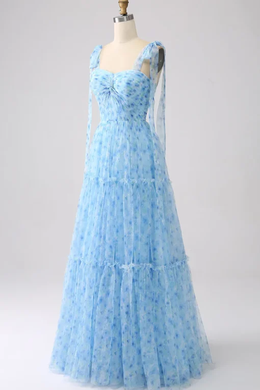 Light Blue A-Line Spaghetti Straps Long Prom Dress