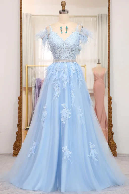 Light Blue A-line Tulle Corset Prom Dress with Appliques