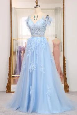 Light Blue A-line Tulle Corset Prom Dress with Appliques