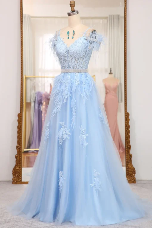 Light Blue A-line Tulle Corset Prom Dress with Appliques