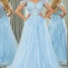 Light Blue A-line Tulle Spaghetti Straps Corset Prom Dress with Feather