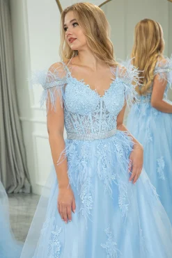 Light Blue A-line Tulle Spaghetti Straps Corset Prom Dress with Feather
