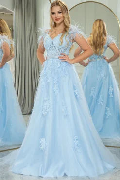 Light Blue A-line Tulle Spaghetti Straps Corset Prom Dress with Feather