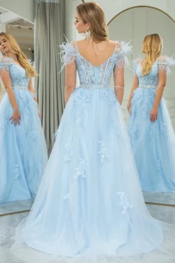 Light Blue A-line Tulle Spaghetti Straps Corset Prom Dress with Feather