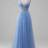 Light Blue A-Line V Neck Tulle Prom Dress With Appliques
