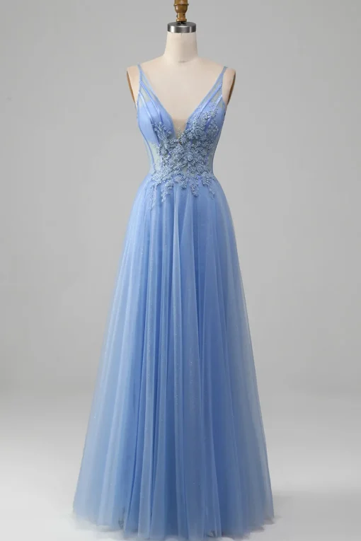 Light Blue A-Line V Neck Tulle Prom Dress With Appliques
