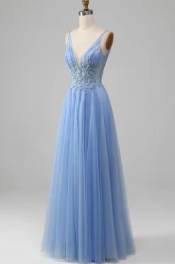 Light Blue A-Line V Neck Tulle Prom Dress With Appliques
