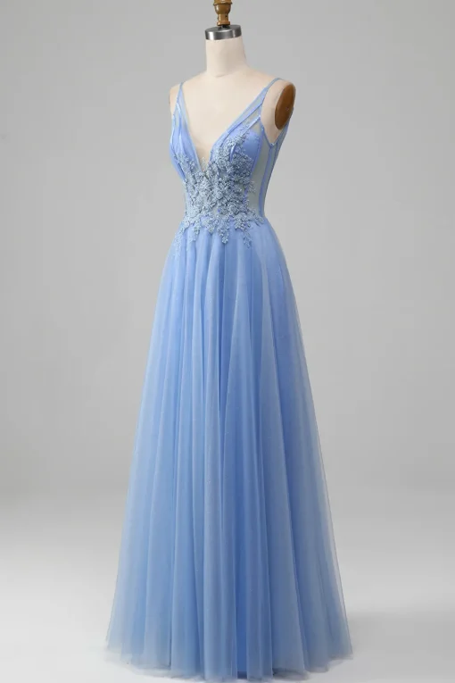 Light Blue A-Line V Neck Tulle Prom Dress With Appliques