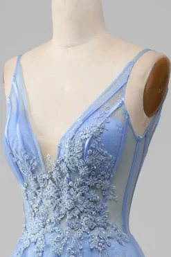 Light Blue A-Line V Neck Tulle Prom Dress With Appliques