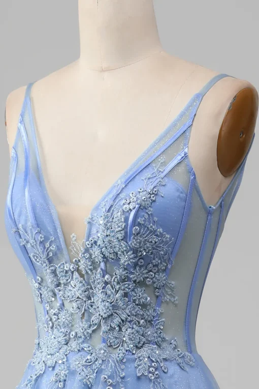 Light Blue A-Line V Neck Tulle Prom Dress With Appliques