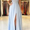Light Blue Cold Shoulder Beading Prom Dress with Slit