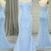 Light Blue Mermaid Spaghetti Straps Corset Long Prom Dress with Sequins