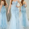 Light Blue Mermaid Spaghetti Straps Tulle Long Prom Dress with Appliques