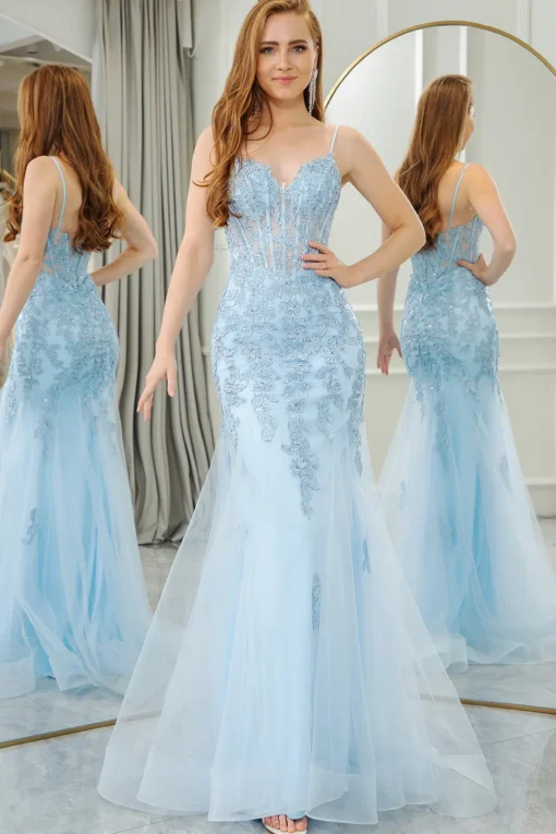 Light Blue Mermaid Spaghetti Straps Tulle Long Prom Dress with Appliques