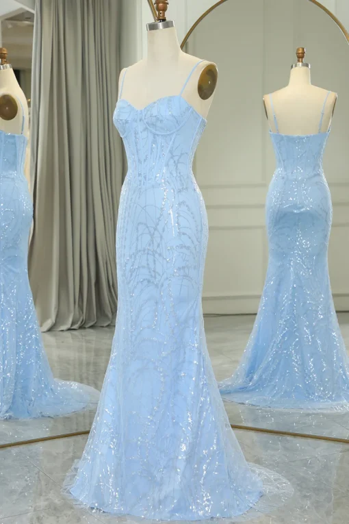 Light Blue Mermaid Spaghetti Straps Corset Long Prom Dress with Sequins