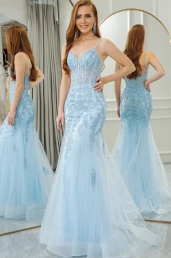 Light Blue Mermaid Spaghetti Straps Tulle Long Prom Dress with Appliques