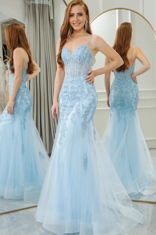 Light Blue Mermaid Spaghetti Straps Tulle Long Prom Dress with Appliques