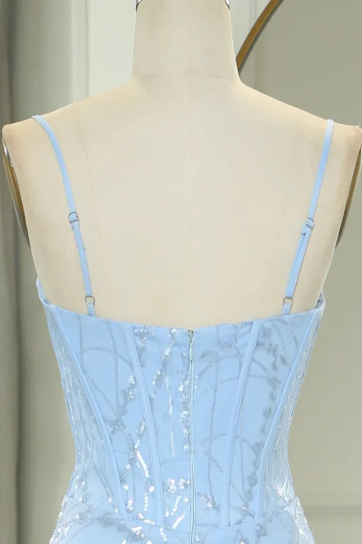 Light Blue Mermaid Spaghetti Straps Corset Long Prom Dress with Sequins