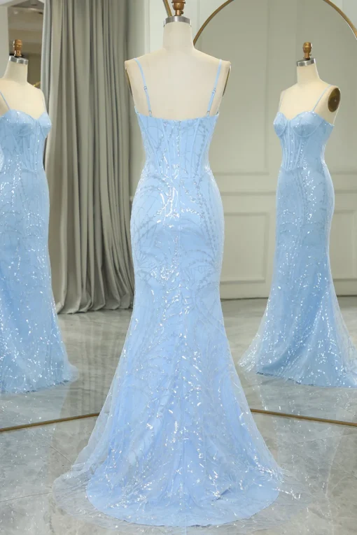 Light Blue Mermaid Spaghetti Straps Corset Long Prom Dress with Sequins