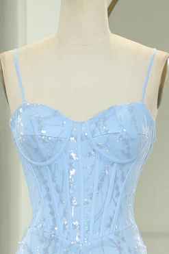 Light Blue Mermaid Spaghetti Straps Corset Long Prom Dress with Sequins