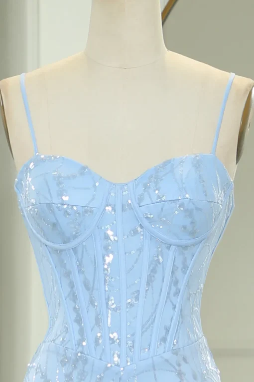Light Blue Mermaid Spaghetti Straps Corset Long Prom Dress with Sequins