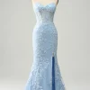 Light Blue Mermaid Strapless Corset Long Prom Dress with Slit