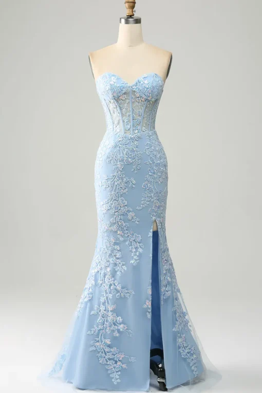 Light Blue Mermaid Strapless Corset Long Prom Dress with Slit