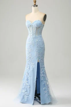 Light Blue Mermaid Strapless Corset Long Prom Dress with Slit