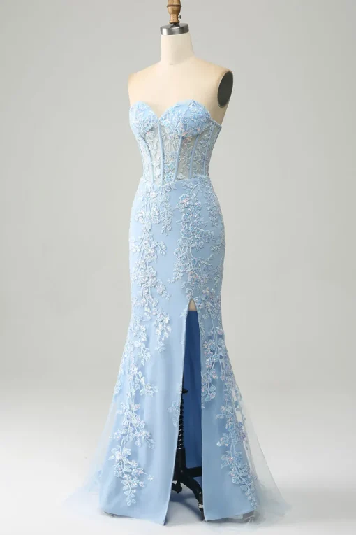 Light Blue Mermaid Strapless Corset Long Prom Dress with Slit