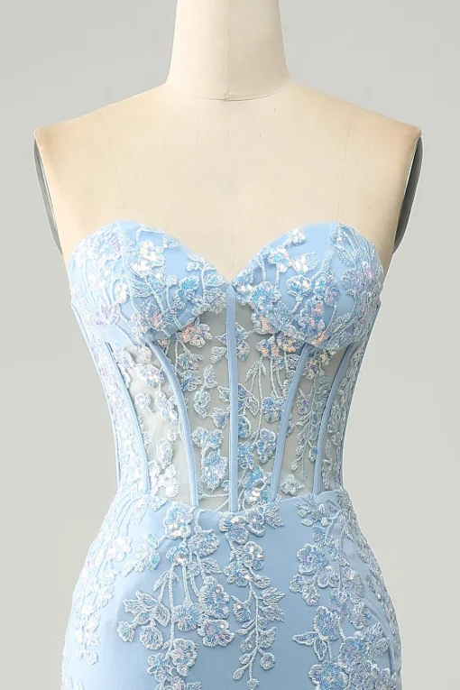 Light Blue Mermaid Strapless Corset Long Prom Dress with Slit