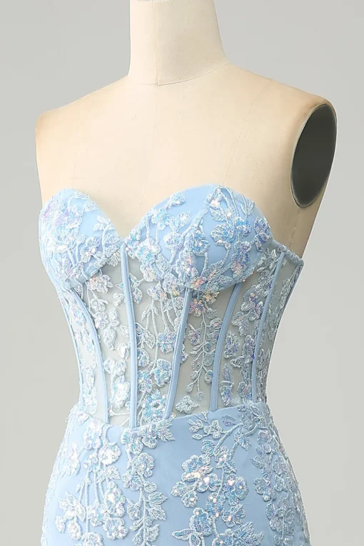 Light Blue Mermaid Strapless Corset Long Prom Dress with Slit