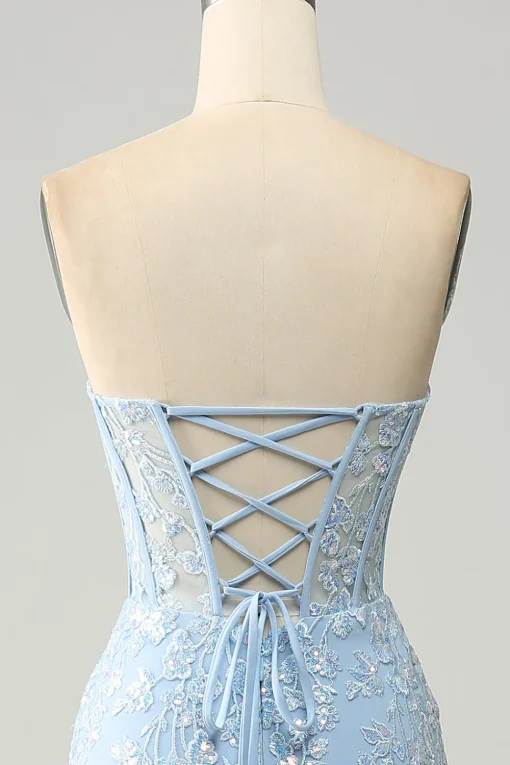 Light Blue Mermaid Strapless Corset Long Prom Dress with Slit