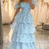Light Blue Printed A Line Off the Shoulder Long Tiered Corset Prom Dress