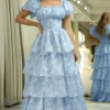 Light Blue Printed A Line Long Tiered Corset Prom Dress
