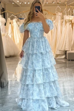 Light Blue Printed A Line Off the Shoulder Long Tiered Corset Prom Dress