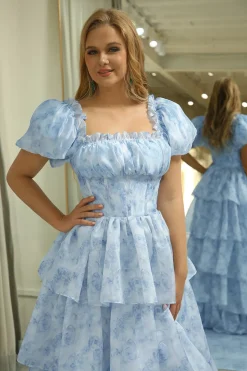Light Blue Printed A Line Long Tiered Corset Prom Dress
