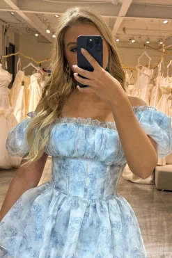 Light Blue Printed A Line Off the Shoulder Long Tiered Corset Prom Dress