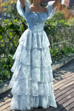 Light Blue Printed A Line Long Tiered Corset Prom Dress