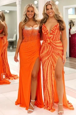 Light Blue Spaghetti Straps Mermaid Beaded Long Corset Prom Dress with Slit