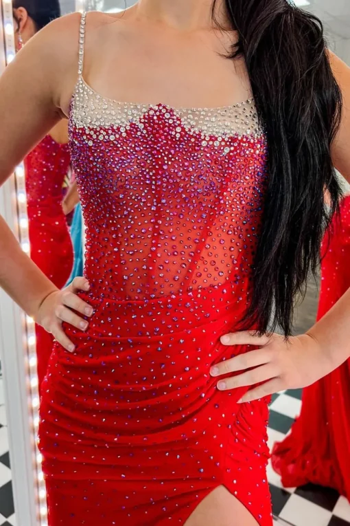Light Blue Spaghetti Straps Mermaid Beaded Long Corset Prom Dress with Slit