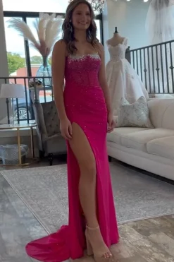 Light Blue Spaghetti Straps Mermaid Beaded Long Corset Prom Dress with Slit