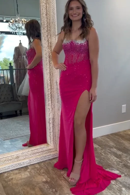 Light Blue Spaghetti Straps Mermaid Beaded Long Corset Prom Dress with Slit