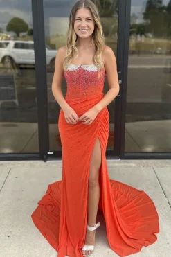 Light Blue Spaghetti Straps Mermaid Beaded Long Corset Prom Dress with Slit