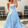 Light Blue Strapless Satin Prom Dress with Appliques