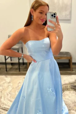 Light Blue Strapless Satin Prom Dress with Appliques