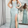 Light Green Mermaid V Neck Sequin Long Prom Dress with Slit