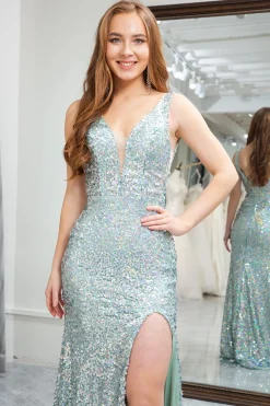 Light Green Mermaid V Neck Sequin Long Prom Dress with Slit