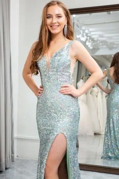 Light Green Mermaid V Neck Sequin Long Prom Dress with Slit