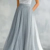 Light Grey A Line Lace Chiffon Long Bridesmaid Dress